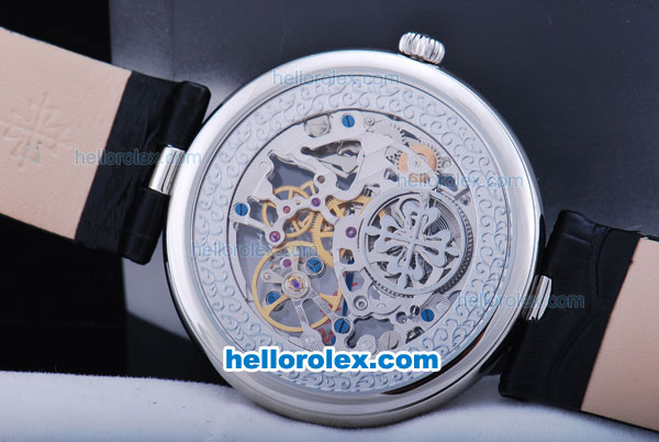 Patek Philippe Skeleton Manual Winding Movement With White Case and Black Leather Strap - Click Image to Close